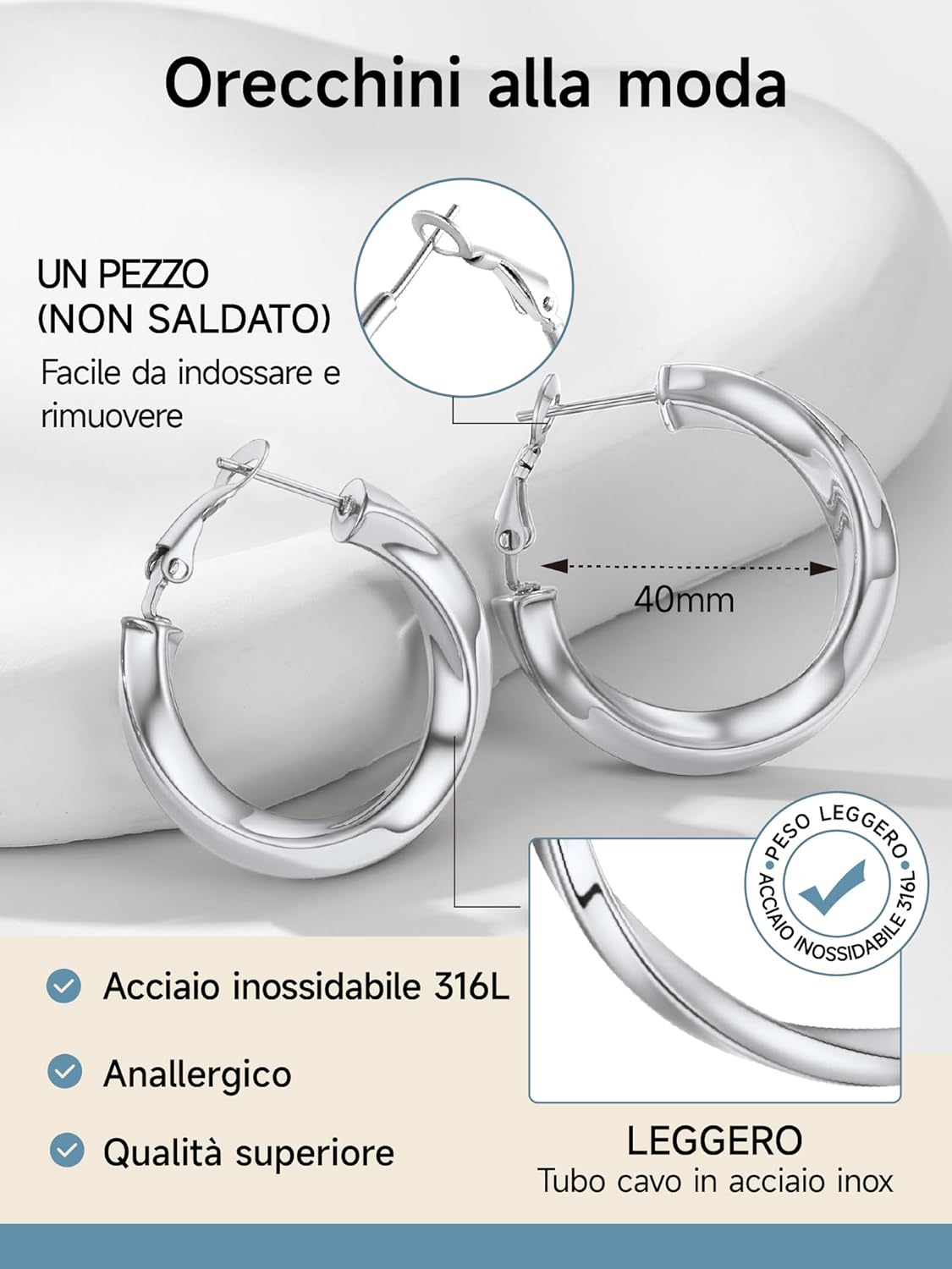 Thumbnail 2 de PROSTEEL Orecchini a Cerchio Vuoto 30/40/60/80 MM – Oversize Y2K, Leggeri e Antiallergici