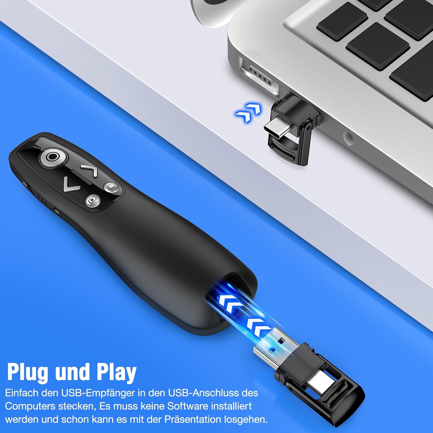 Detalle de Presenter USB C – Kabellose Presenter Fernbedienung mit 2,4 GHz, USB A & USB C Empfänger, Roter Pointer
