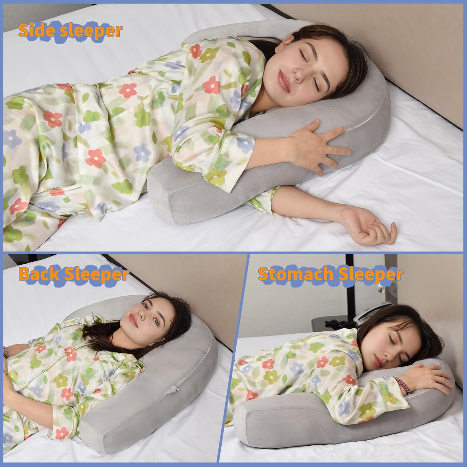 Detalle de Nockovi J-Shaped Ear Piercing Pillow with 4" Hole – Ergonomic, Grey Velvet, 20x26 in
