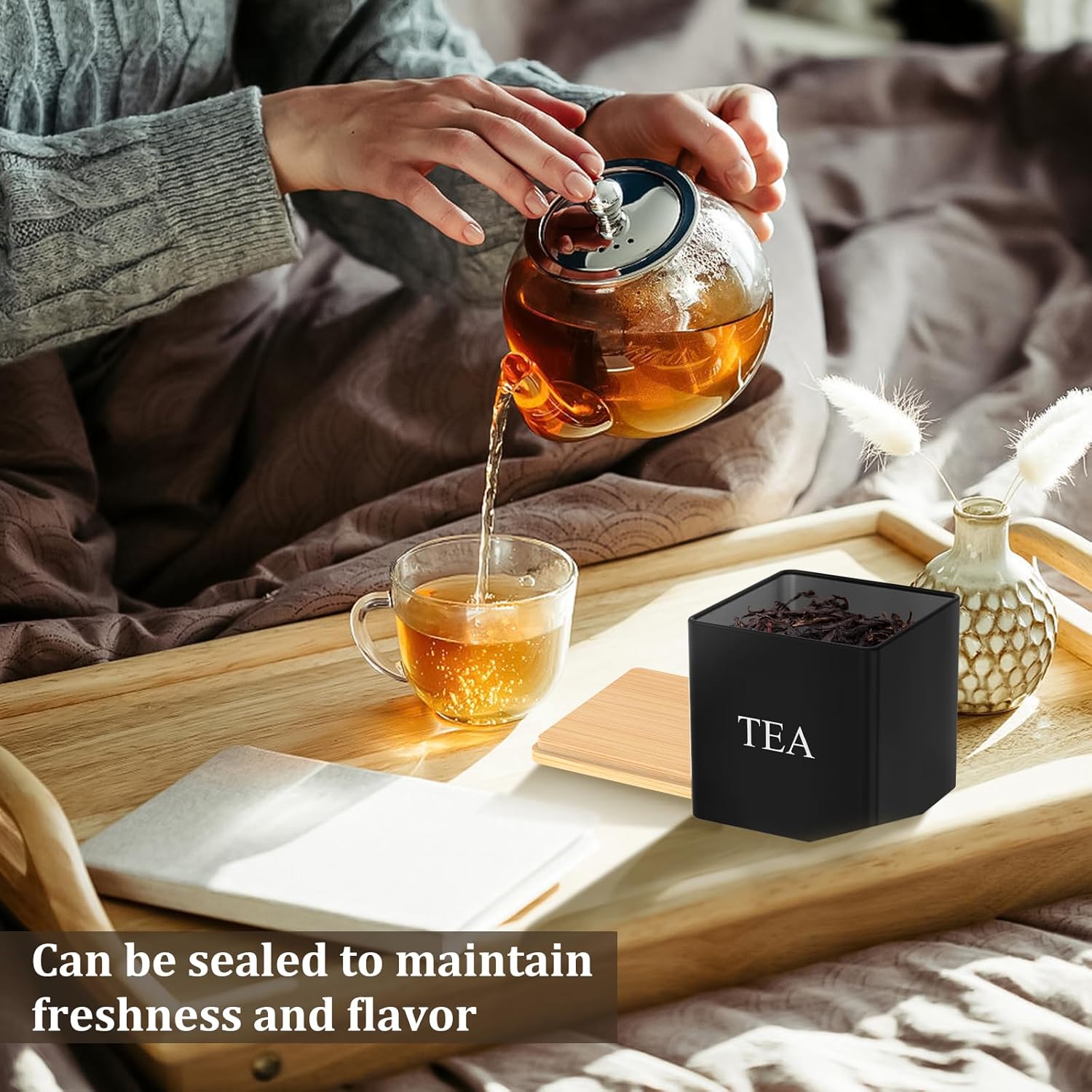 Thumbnail 5 de NIHUIFDPY 3Pcs Tea Coffee Sugar Canister Set, 500ml Metal Storage Tin with Bamboo Lids (Black)