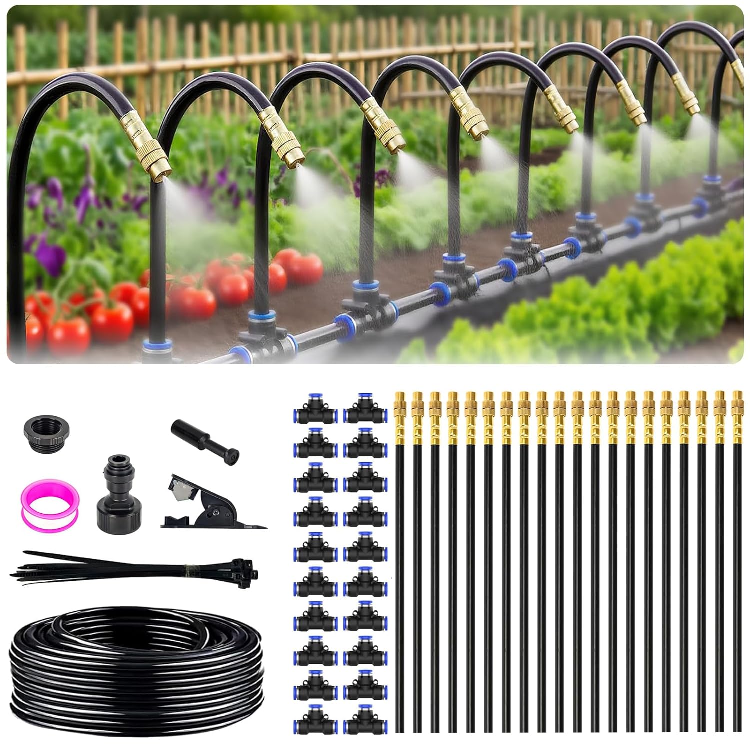 Thumbnail 6 de 100FT Drip Irrigation System with 16 Copper Adjustable Nozzles – 1/4 Inch Hose for Gardens, Raised Beds, Greenhouses & Yard