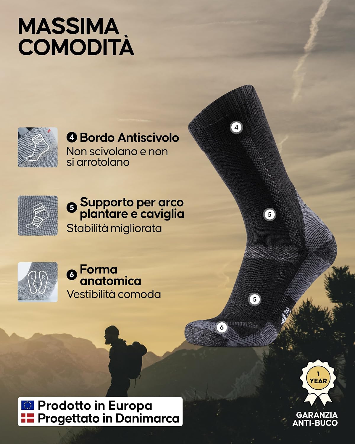 Detalle de Calze trekking lana Merino 3 paia 38%