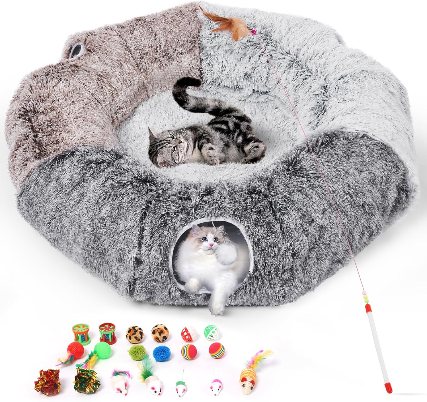 Odoland Extra Large Cat Doughnut Bed Tunnel: Foldable, Multi-Play Cat Tunnels with Ball & Peek Holes