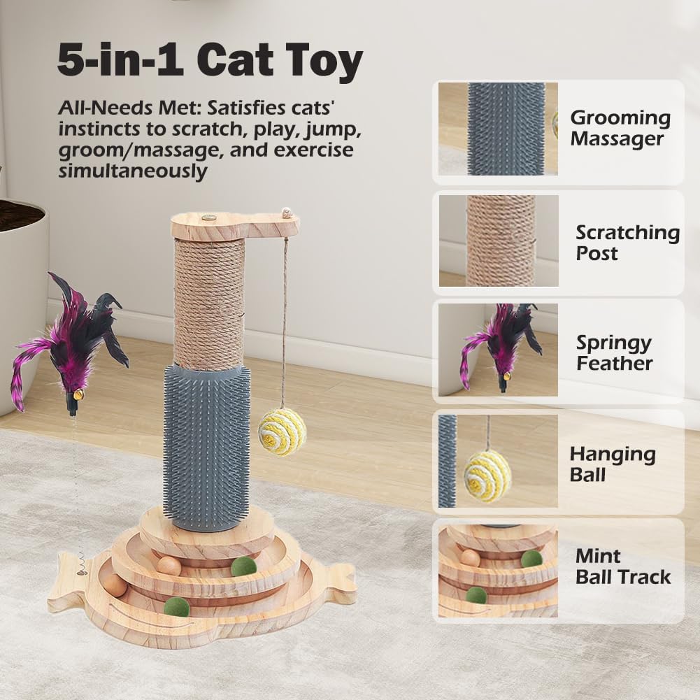 Detalle de Marchul 5 in 1 Cat Toys scratching post with sisal, massage brush and interactive play tower