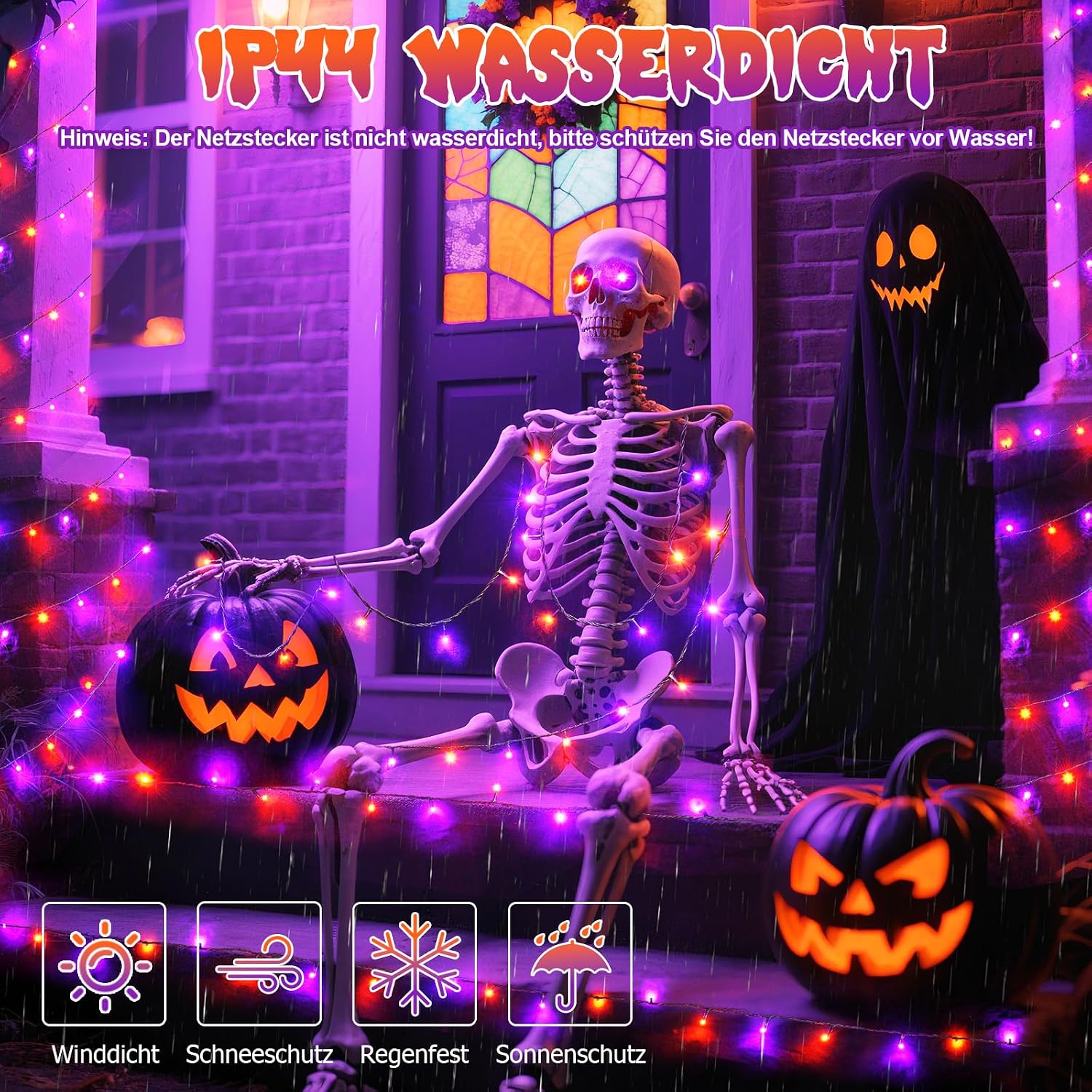 Detalle de Lincentra Halloween-Lichterkette außen 40 m (400 LEDs) Orange/Lila mit Timer & 8 Modi