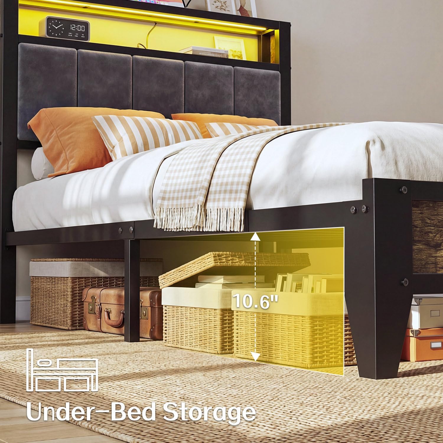 Thumbnail 5 de OLEVS Twin Metal Platform Bed Frame with LED Headboard, Storage & Charging Station