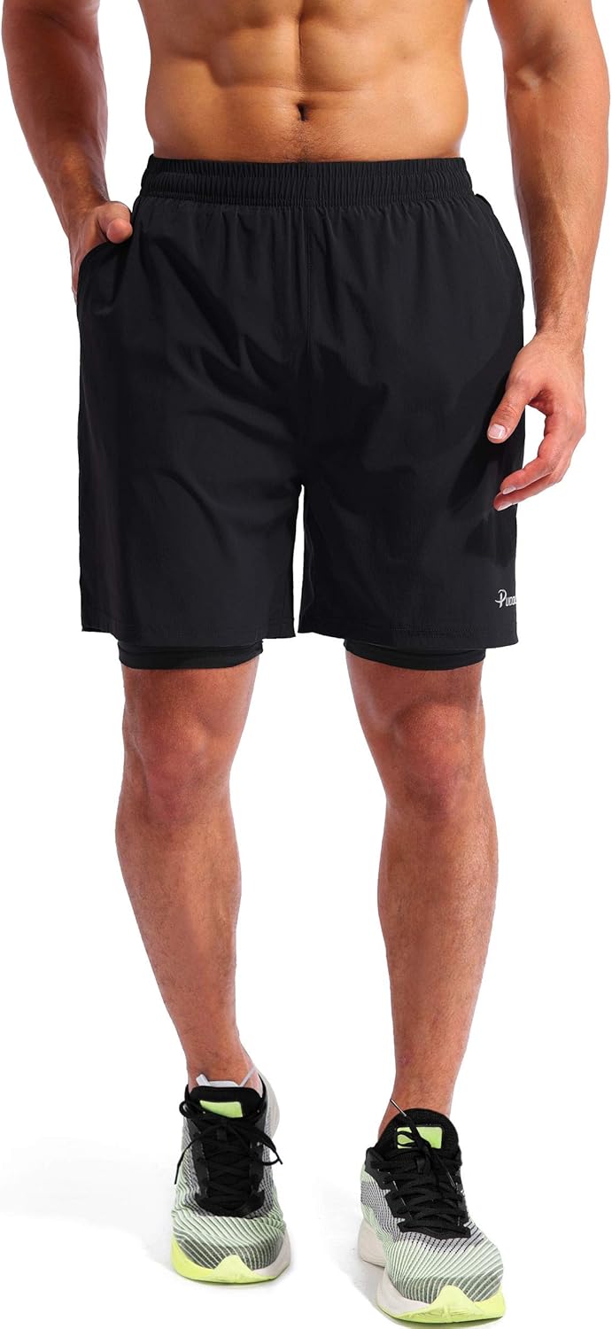 Thumbnail 1 de Pudolla Men’s 2 in 1 Running Shorts 5" with Quick-Dry Fabric and Phone Pockets
