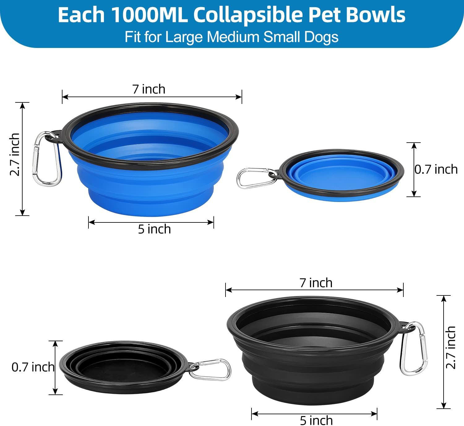 Thumbnail 1 de Kytely kbowl07 Collapsible Dog Travel Bowls, 2-Pack, 34 oz with Clips