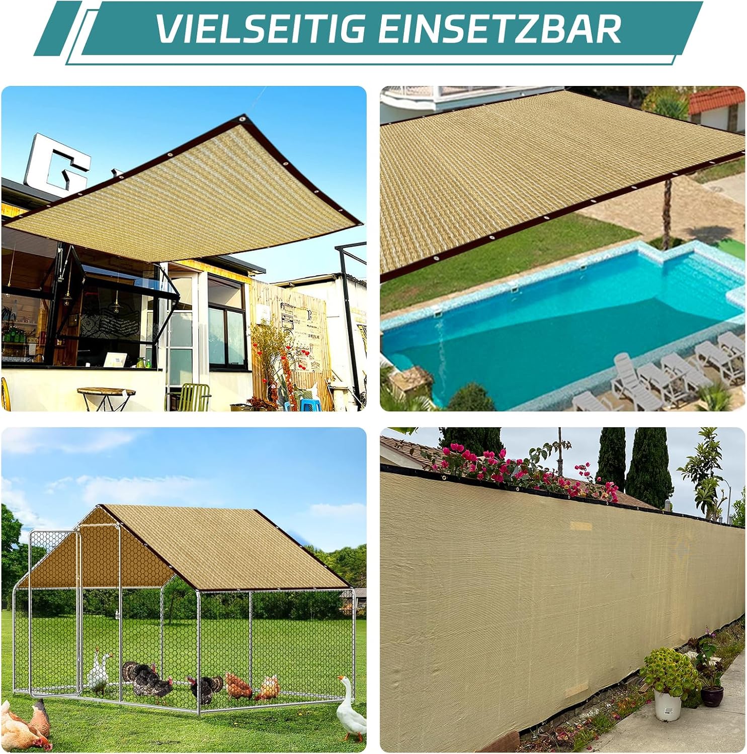 Thumbnail 6 de QOFLY Schattiernetz Schattierungsnetz Garten 3x3 m Beige mit Ösen (85–90% UV-beständig)