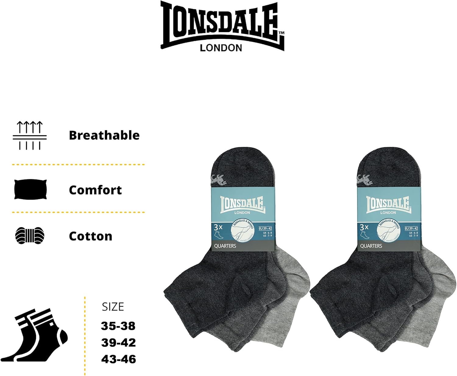 Thumbnail 3 de Lonsdale 6 paia calzini corti quarter in cotone traspirante (sopra la caviglia) uomo/donna