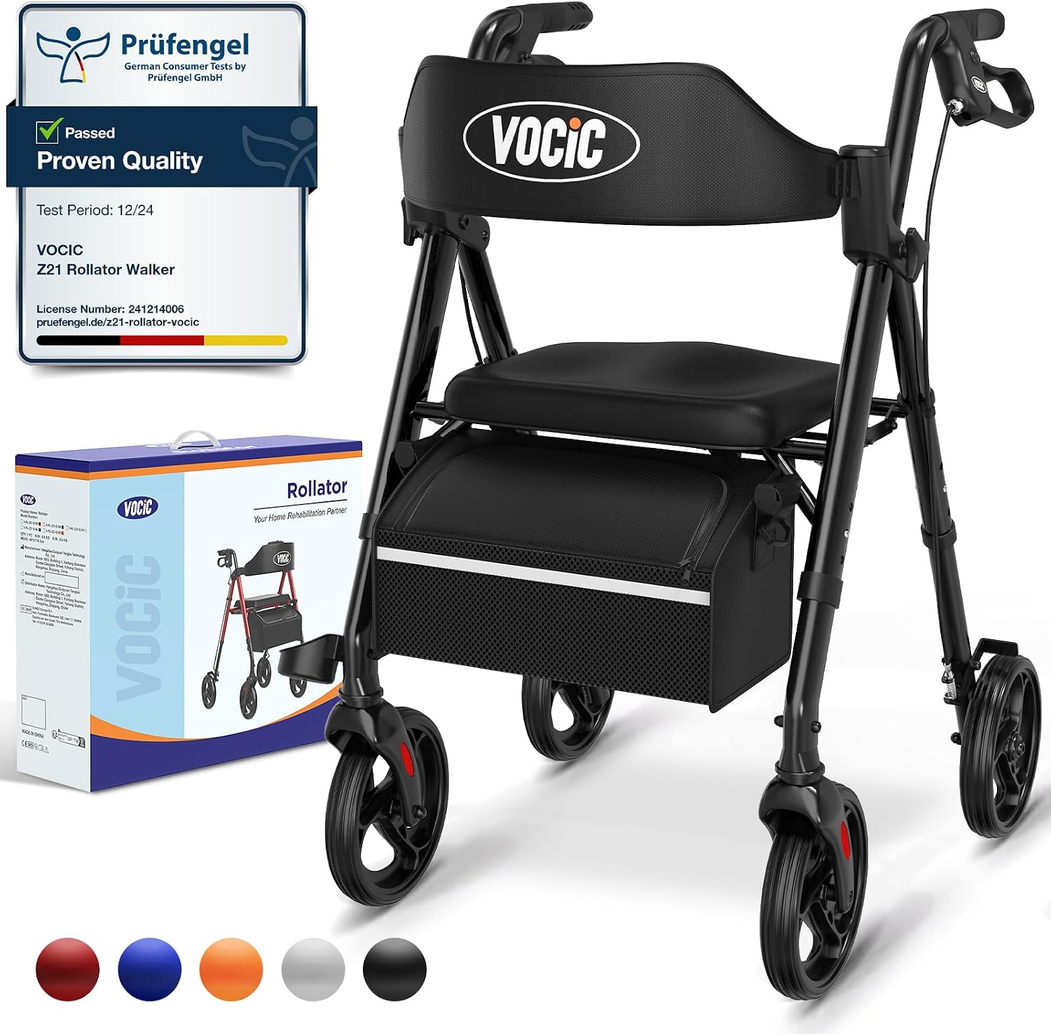VOCIC Rollator Walker with Seat, Brakes, Bag – All-Terrain Lightweight Mobility Aid