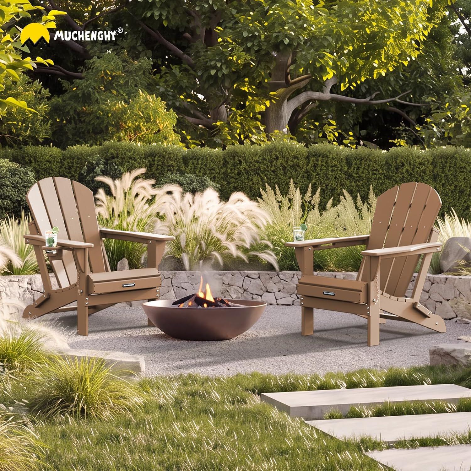 Detalle 2 de MUCHENGHY Folding Adirondack Chair with Cup Holder (HDPE, Teak color)