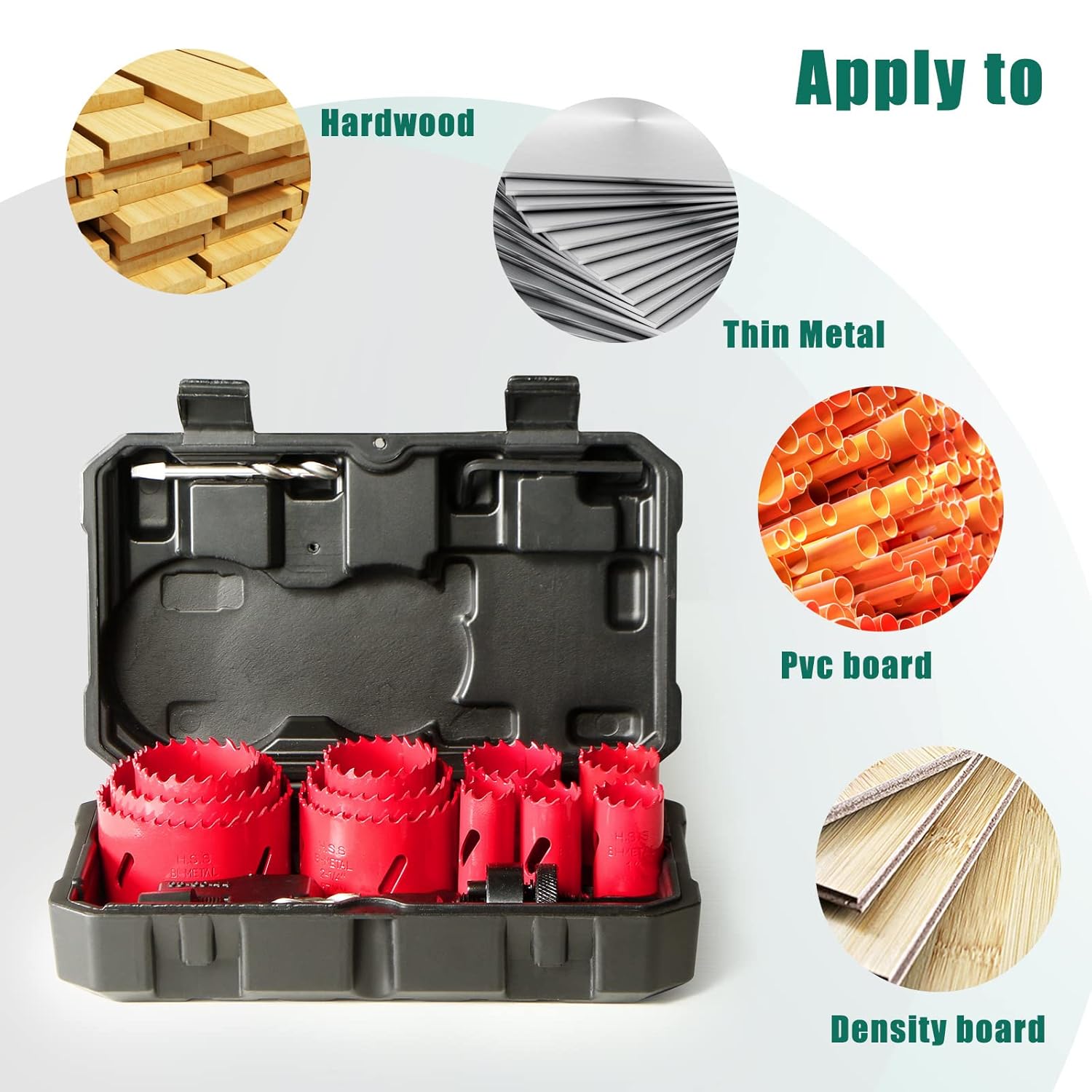 Detalle de HYCHIKA Bi-Metal Hole Saw Set (17 pcs) for drilling soft metal, wood and PVC board — 19mm to 68mm, 40mm depth