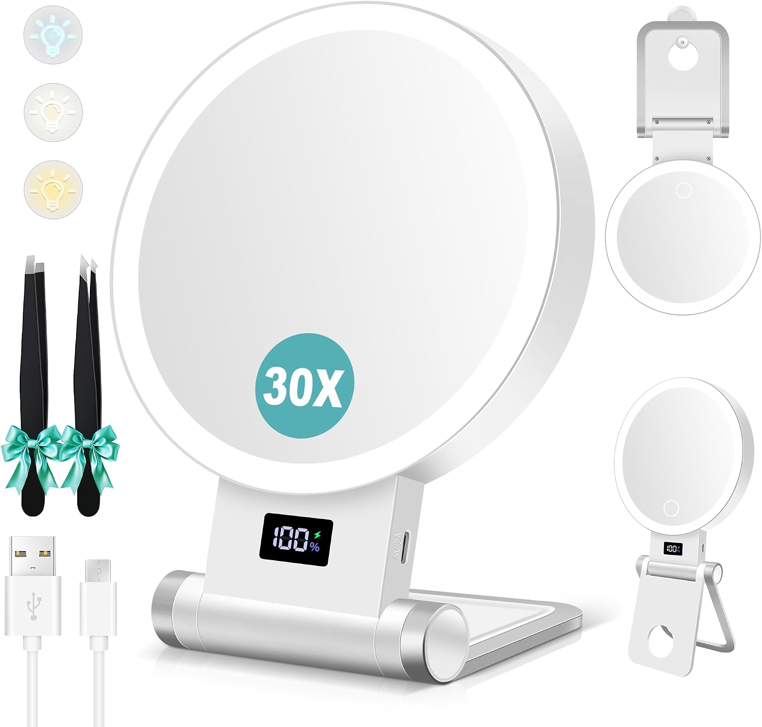 Detalle de B Beauty Planet 1X/30X Lighted Makeup Mirror, 3 Colour Modes, Foldable