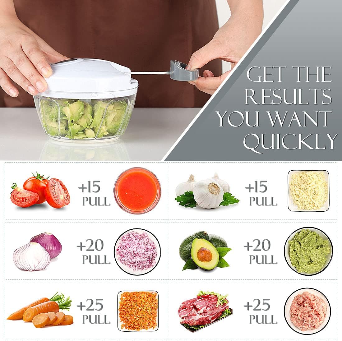 Detalle de Ourokhome A008 Manual Food Chopper, 500ml Pull-String, Stainless Steel Blades