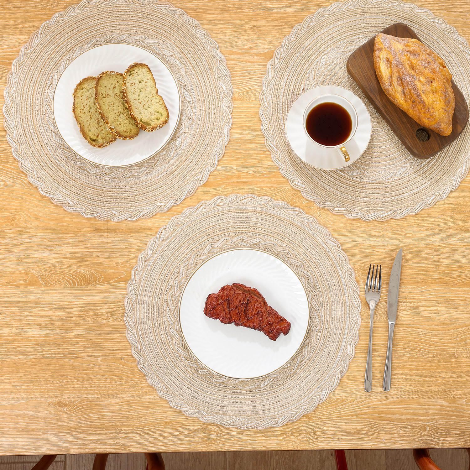 Thumbnail 3 de SHACOS round placemats set of 6 braided woven table mats (beige)