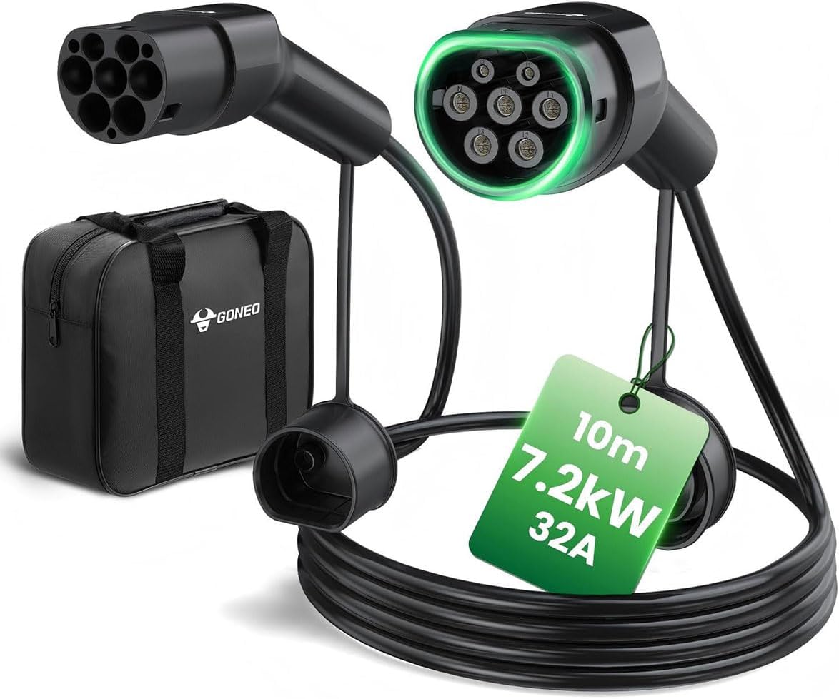 Detalle de GONEO Type 2 EV Charging Cable 7.2kW 10m – 32A/1-Phase, IP54, with Storage Bag