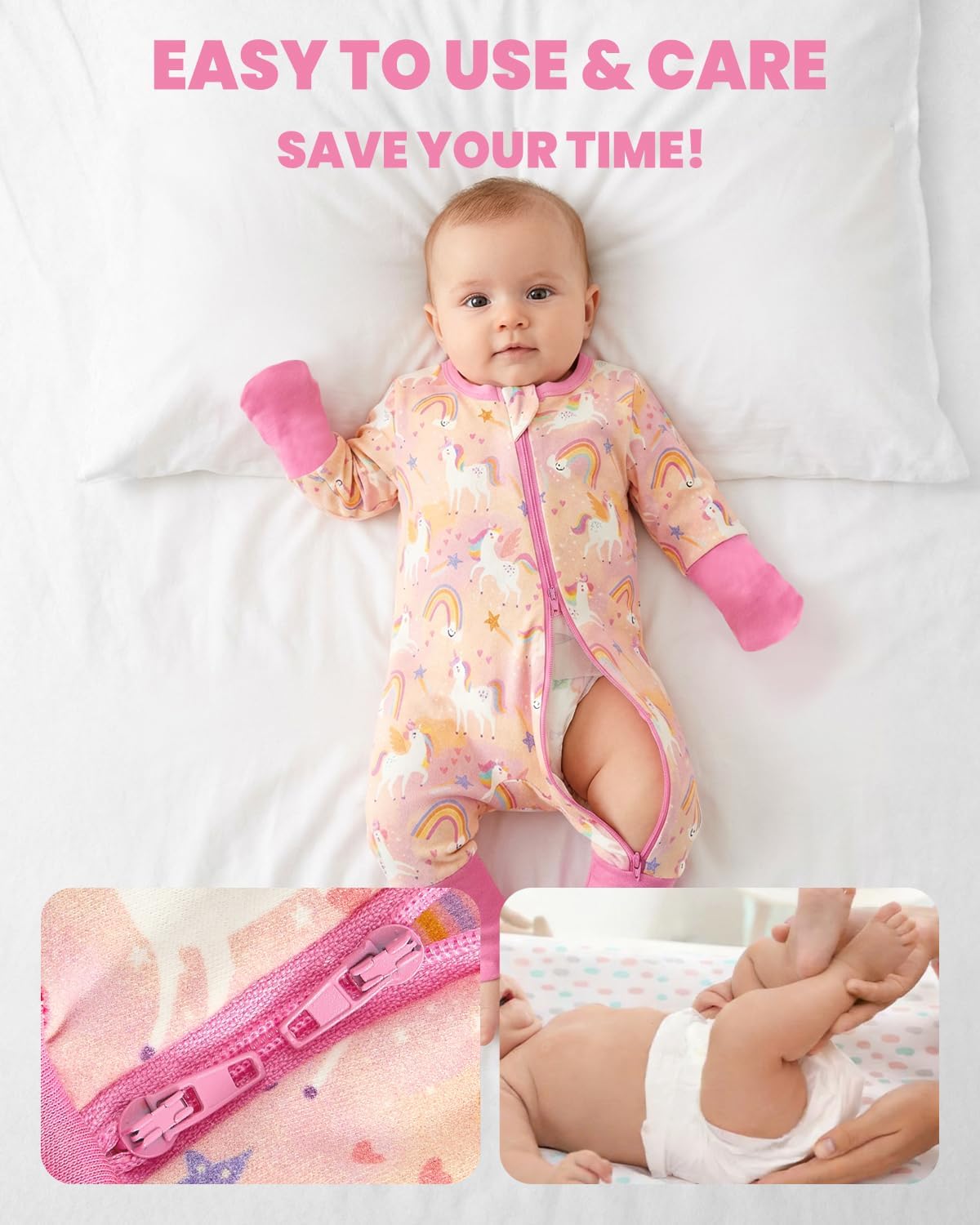 Detalle de JiAmy 2 Pack Baby Sleepsuits: Cotton, Two-Way Zip, Foldable Feet for 0–24 Months