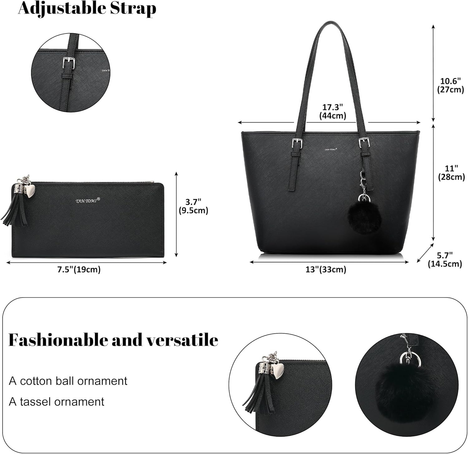 Detalle de TANTOMI Damen Handtasche Set mit Geldbörse – Große Einkaufstasche mit Quasten und Pelz‑Keychain