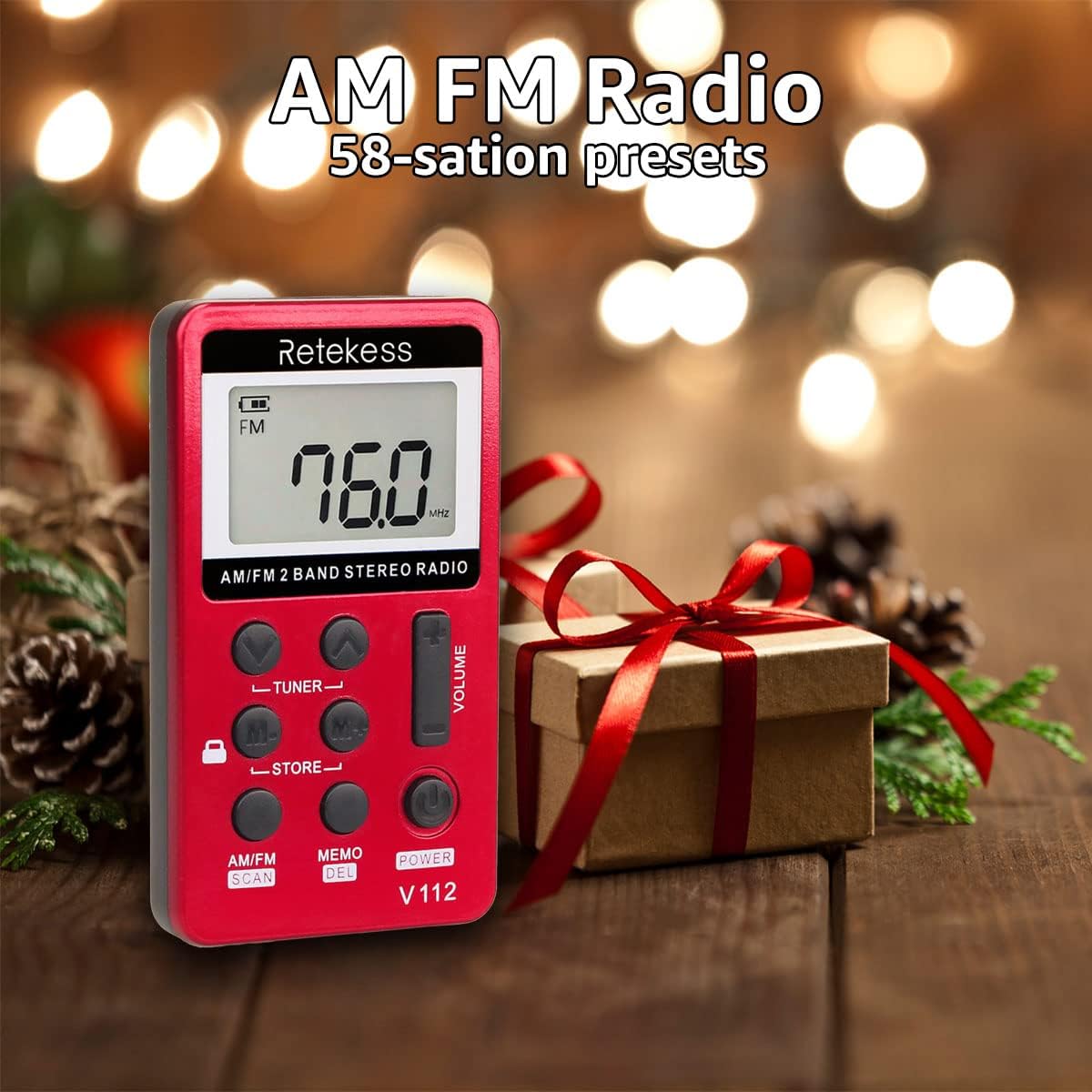 Detalle de Retekess V112 Mini Radio Portatile AM/FM ricaricabile con cuffie stereo (Rosso) – per corsa, viaggi e uso quotidiano