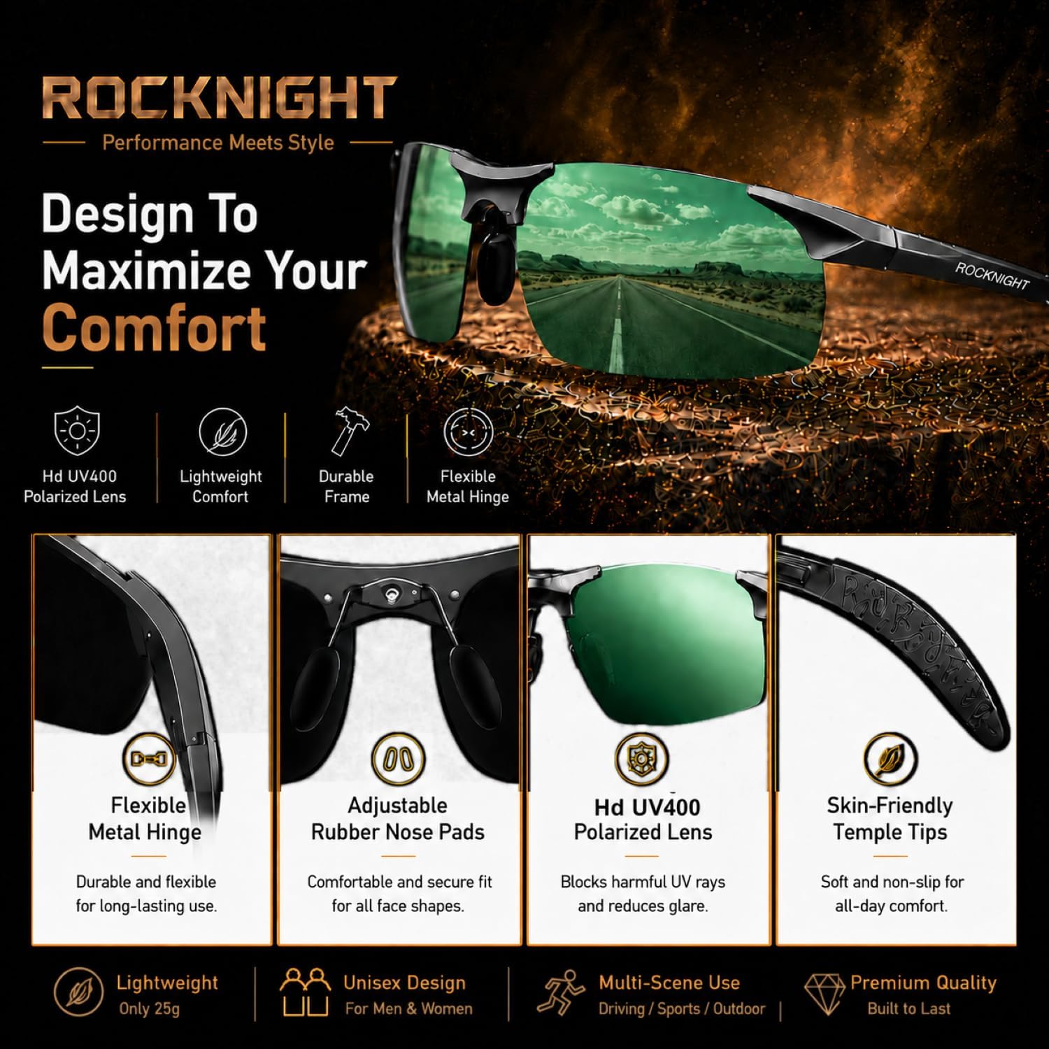 Detalle de ROCKNIGHT Driving Polarized Sunglasses, Al-Mg Frame, Green Mirror Lenses