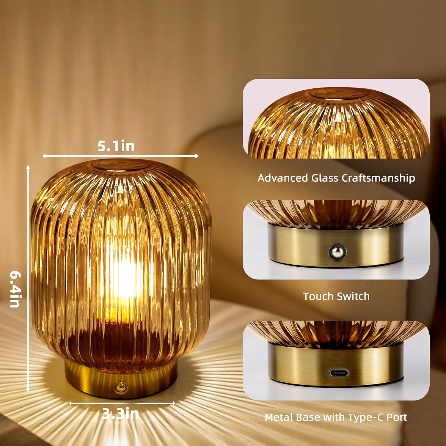 Detalle de MJ PREMIER Rechargeable Yellow Glass Lamp with Memory Function