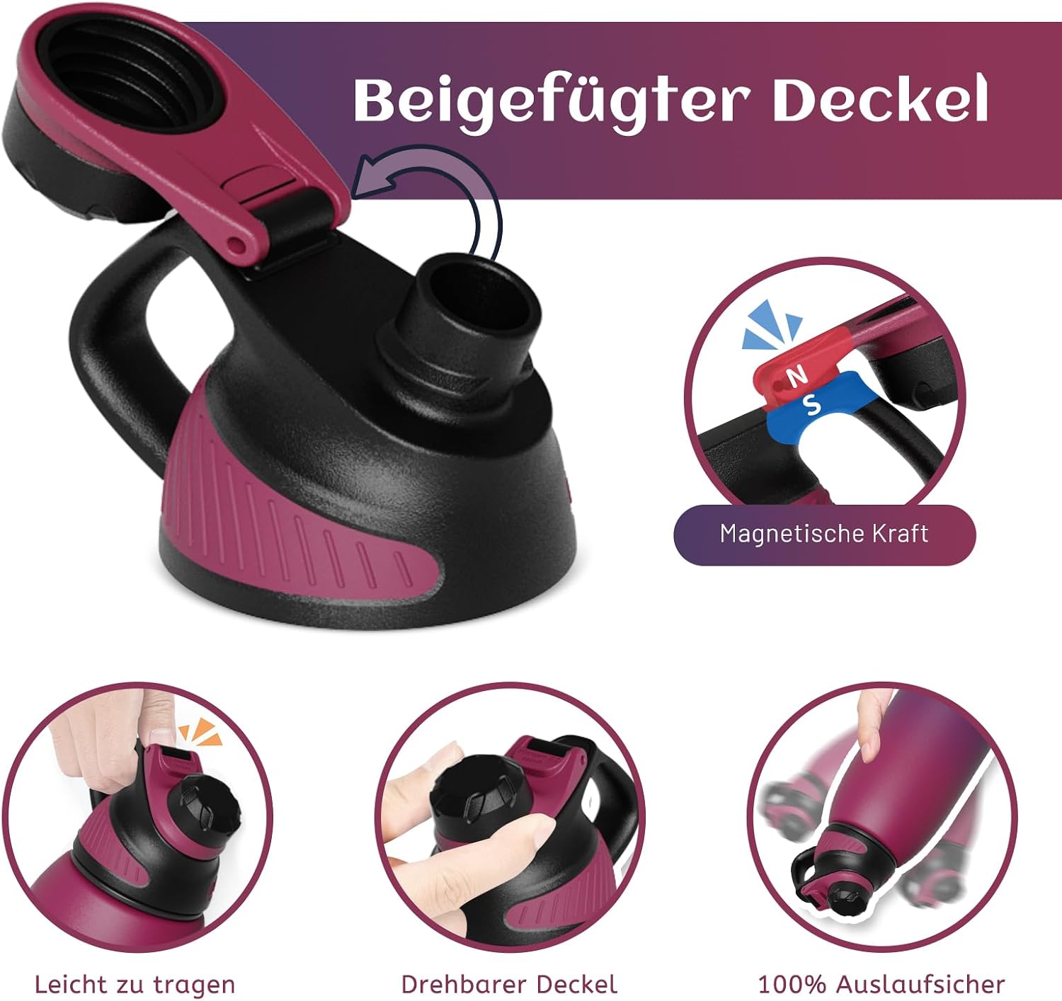 Detalle 2 de FJbottle Edelstahl Sport-Trinkflasche mit magnetischem Deckel (BPA-frei), auslaufsicher – 1.000 ml/800 ml/600 ml/400 ml