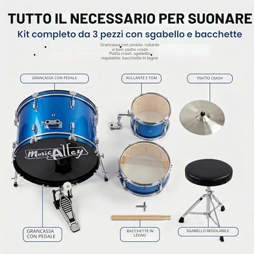 Detalle de Music Alley Batteria per Bambini 3 Pezzi con Sgabello e Piatto, Blu