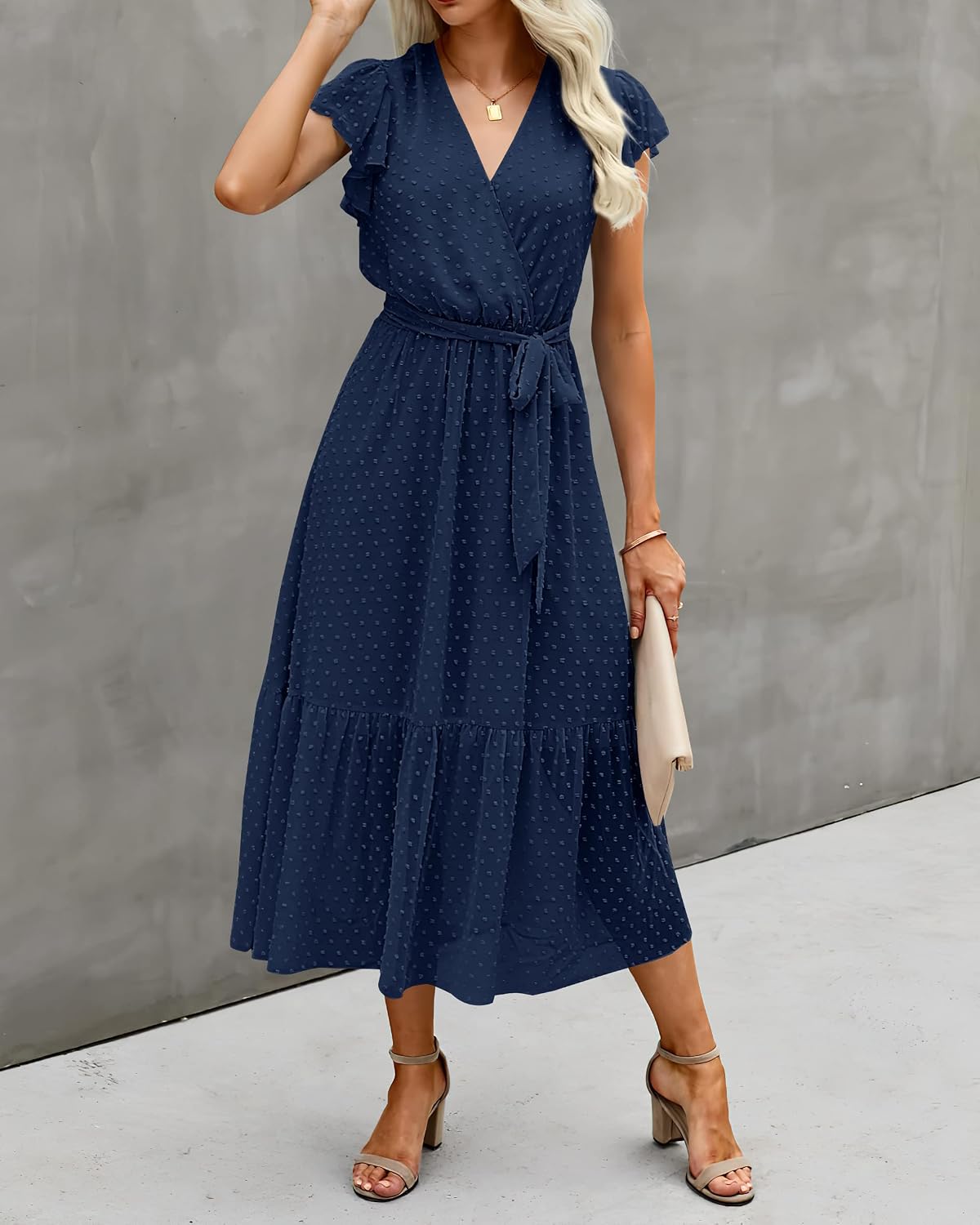 Detalle de BTFBM Women's Summer Bohemian Floral Wrap V-Neck Midi Dress