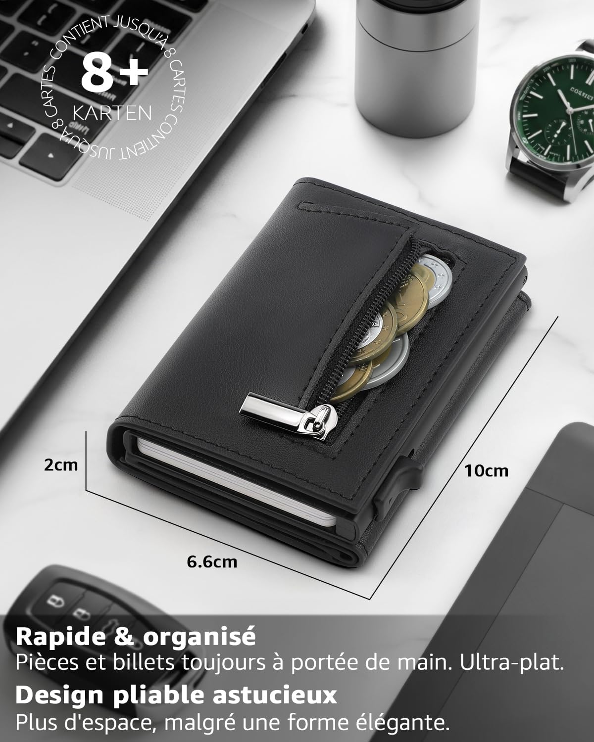 Detalle de TEEHON Portefeuille Homme en Cuir avec Blocage RFID – Noir, 8 cartes, fermeture magnétique