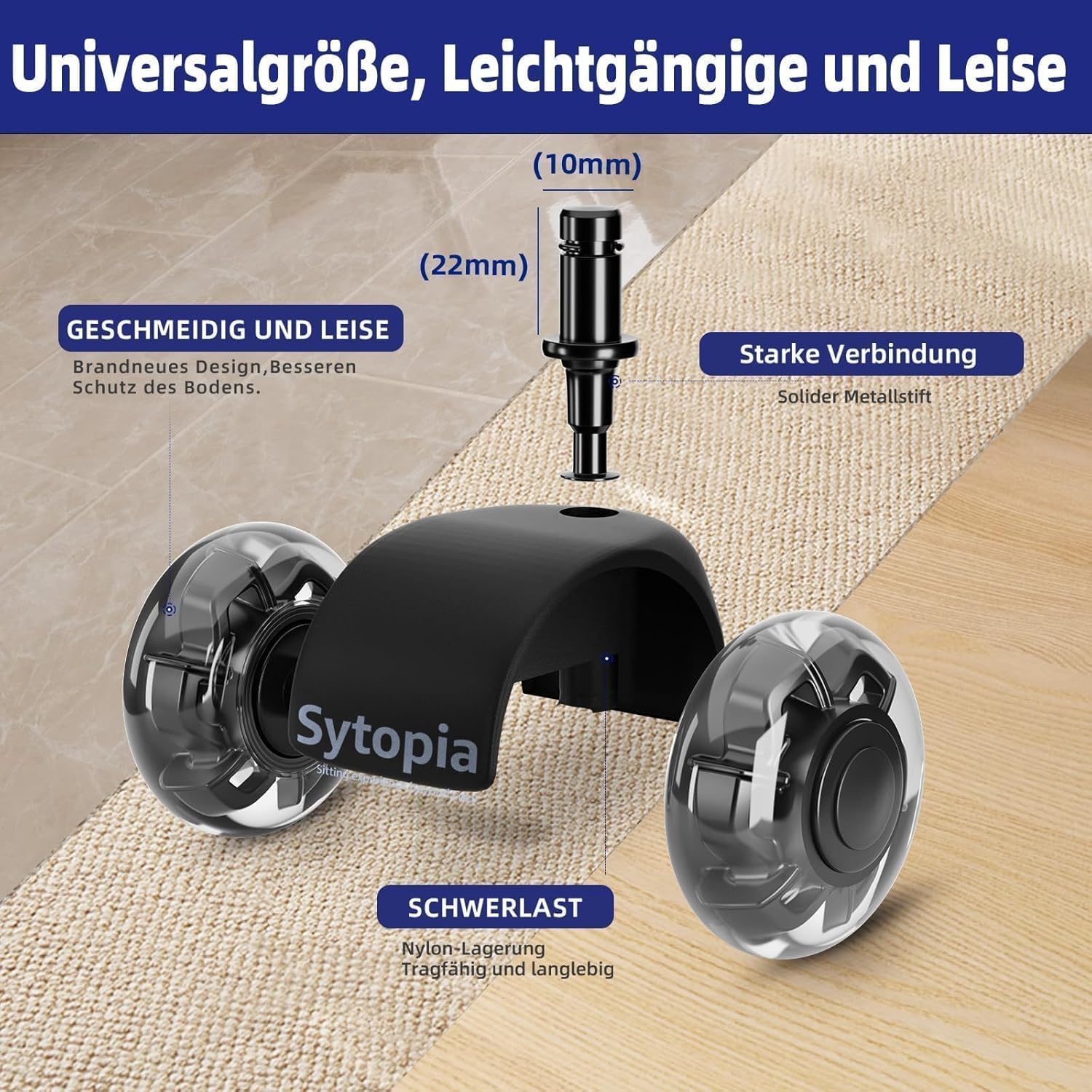 Detalle de Sytopia Bürostuhlrollen 10 mm x 22 mm – 5er Set, leise und bodenschonend
