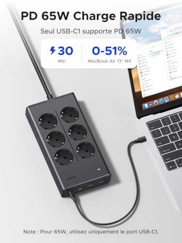 Detalle de UGREEN 10 en 1 Multiprise PD 65W USB-C (6 prises AC) + 2 USB-C + 2 USB-A