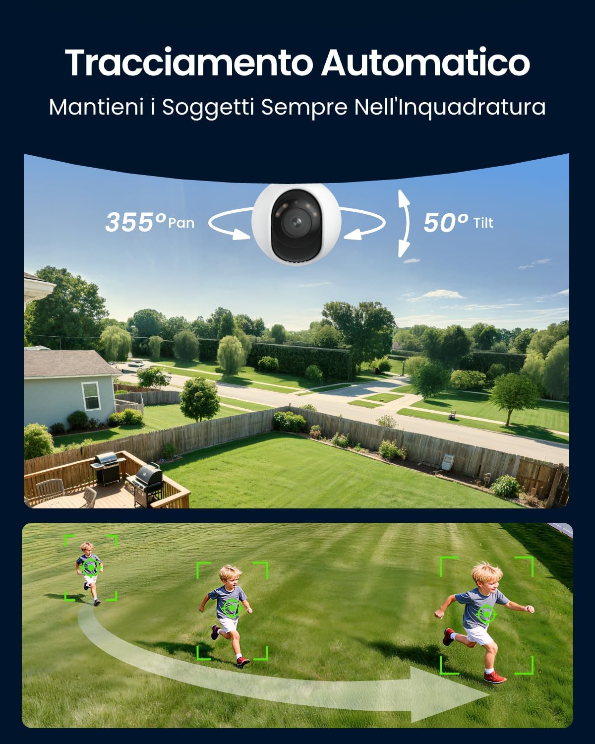 Detalle de Reolink E1 Outdoor S: telecamera esterna 4K con Wi‑Fi 6, rilevamento persone/veicoli/animali e audio bidirezionale