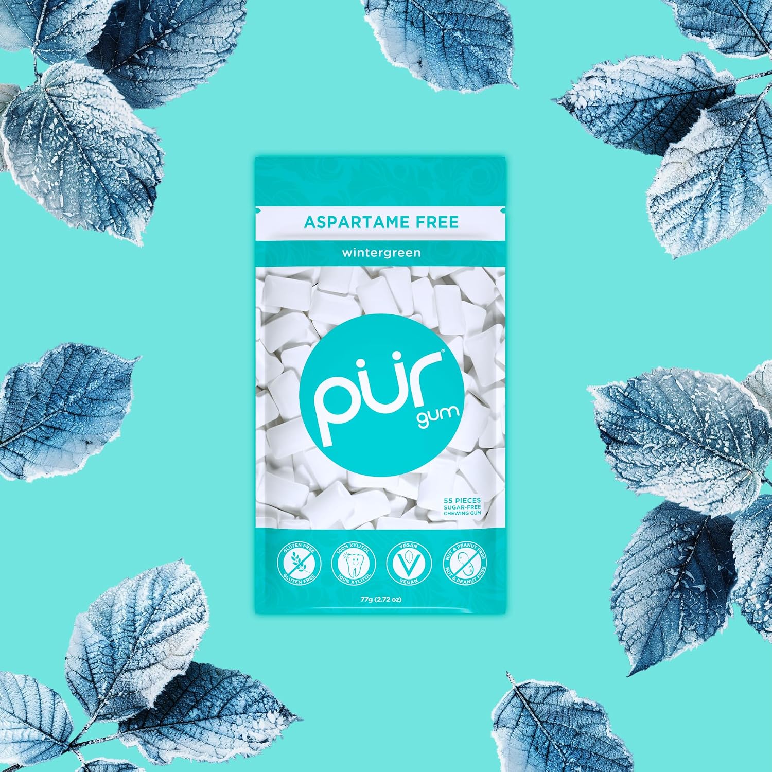 Detalle de PUR Gum Zuckerfreier Kaugummi mit Xylit – Wintergreen, 3er Pack (55 Stück) – vegan, glutenfrei, aspartamfrei