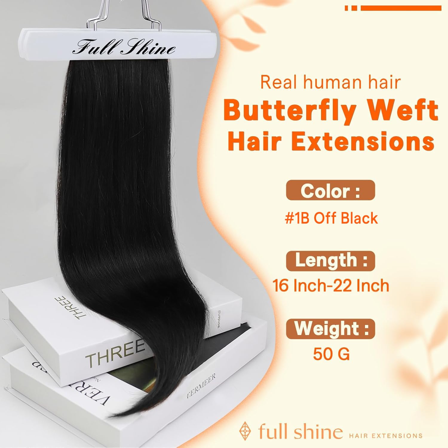 Detalle de Full Shine Butterfly Weft Hair Extensions Human Hair 16 Inch 50G (Off Black) – Silky Straight Volume, Invisible PU Hole Design