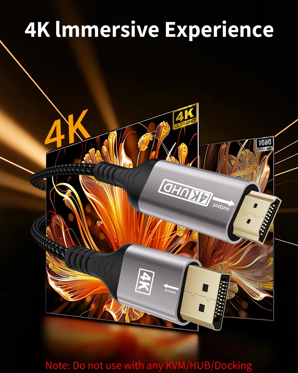 Thumbnail 3 de layajia 4K DisplayPort to HDMI Cable 2M (Uni-Directional) DP to HDMI, 4K@30Hz / 2K@60Hz / 1080P@120Hz