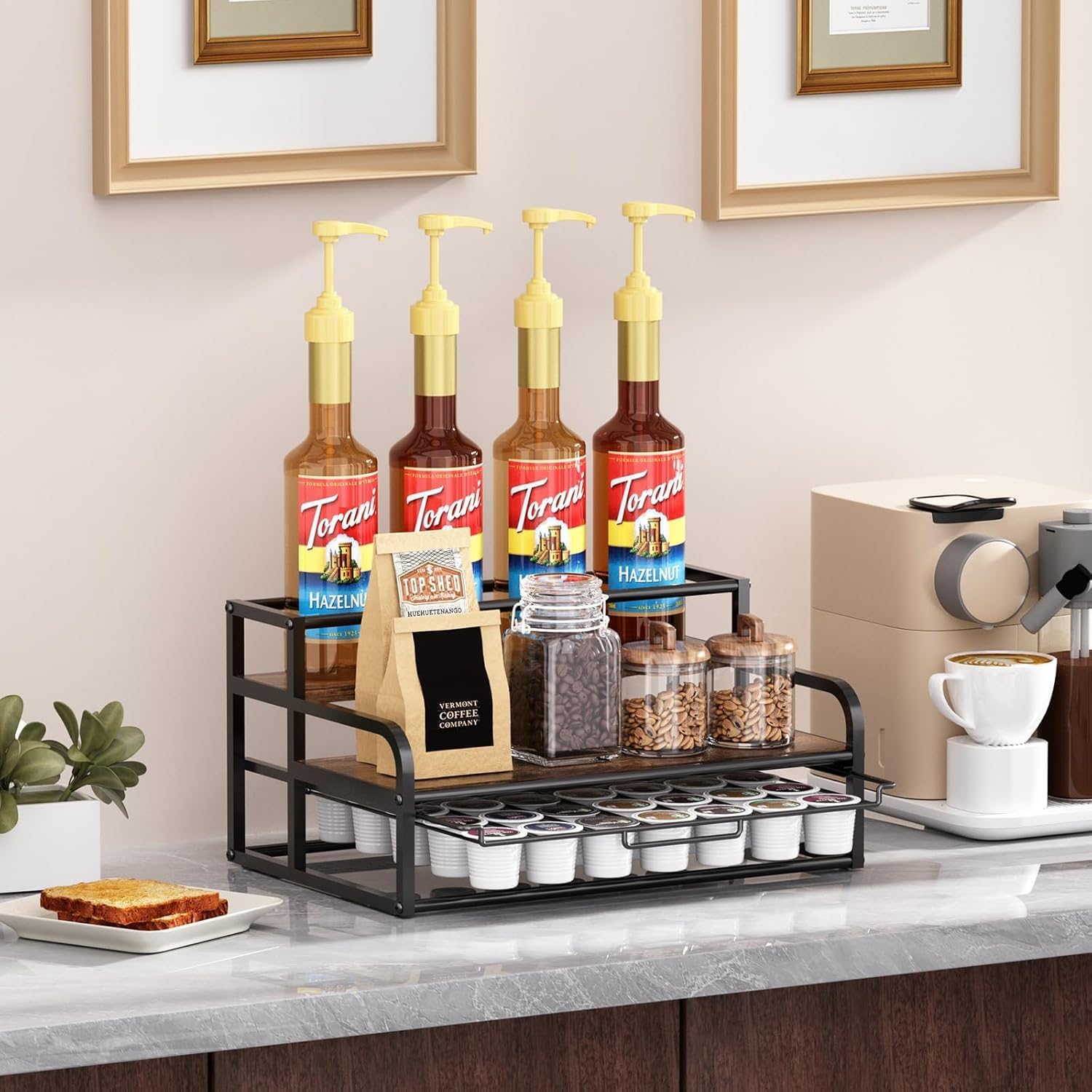 Thumbnail 1 de Coffee Station Organizer for Countertop: 3-Tier Syrup Rack with 35 K-Cup Drawer