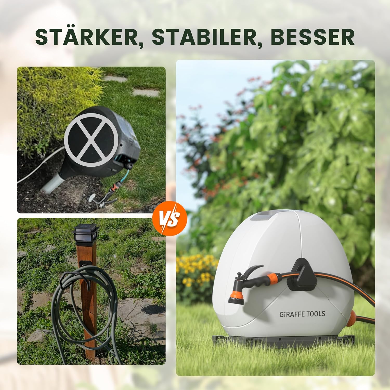Detalle de Giraffe Tools Ausziehbare Schlauchtrommel mit 30 m – Bodentrommel, 360° Drehsockel und 7-Funktions-Düse