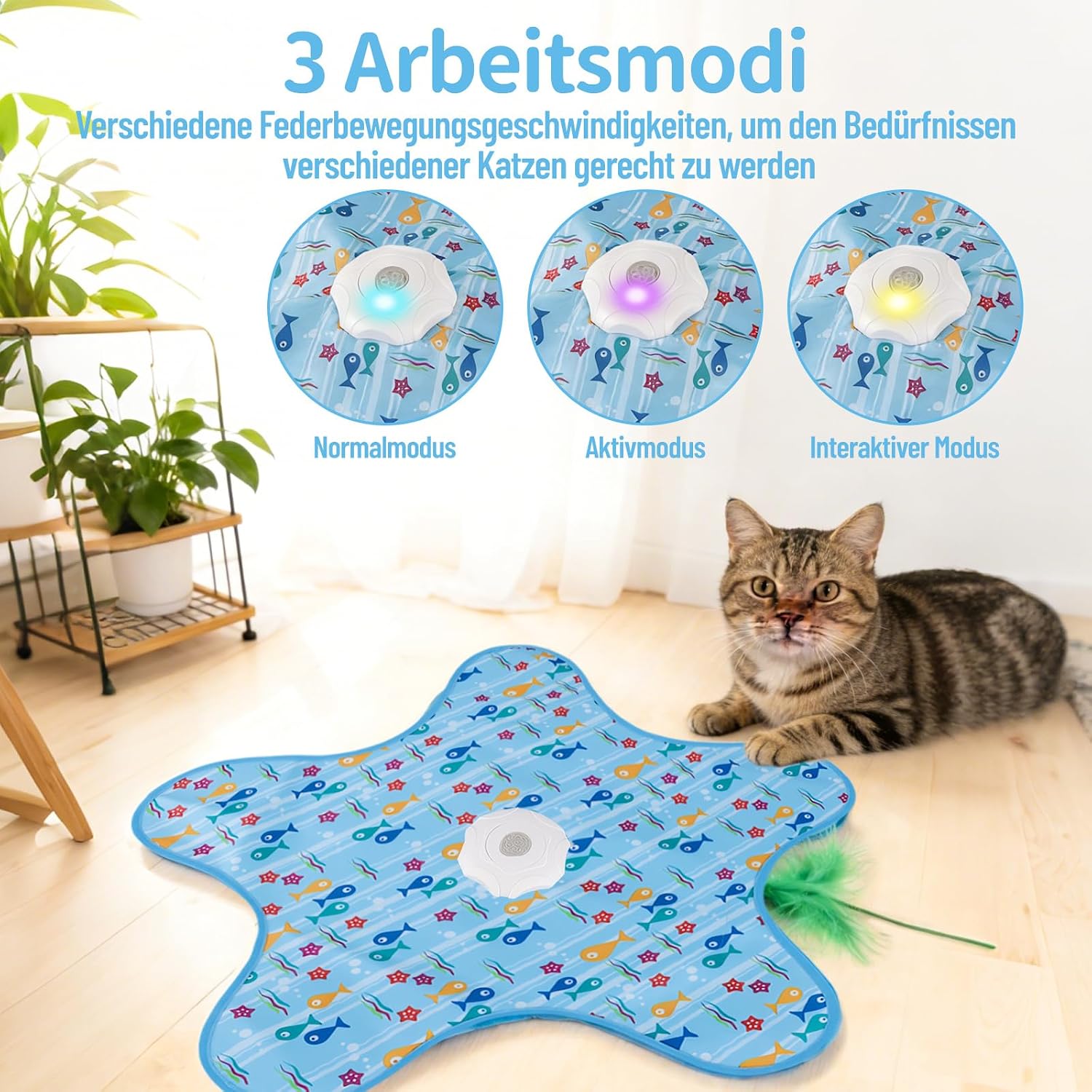 Thumbnail 2 de Interaktives Katzenspielzeug mit Feder und Quietschmaus – USB wiederaufladbar, mit Versteckspiel & 3 Lichtmodi (blau)