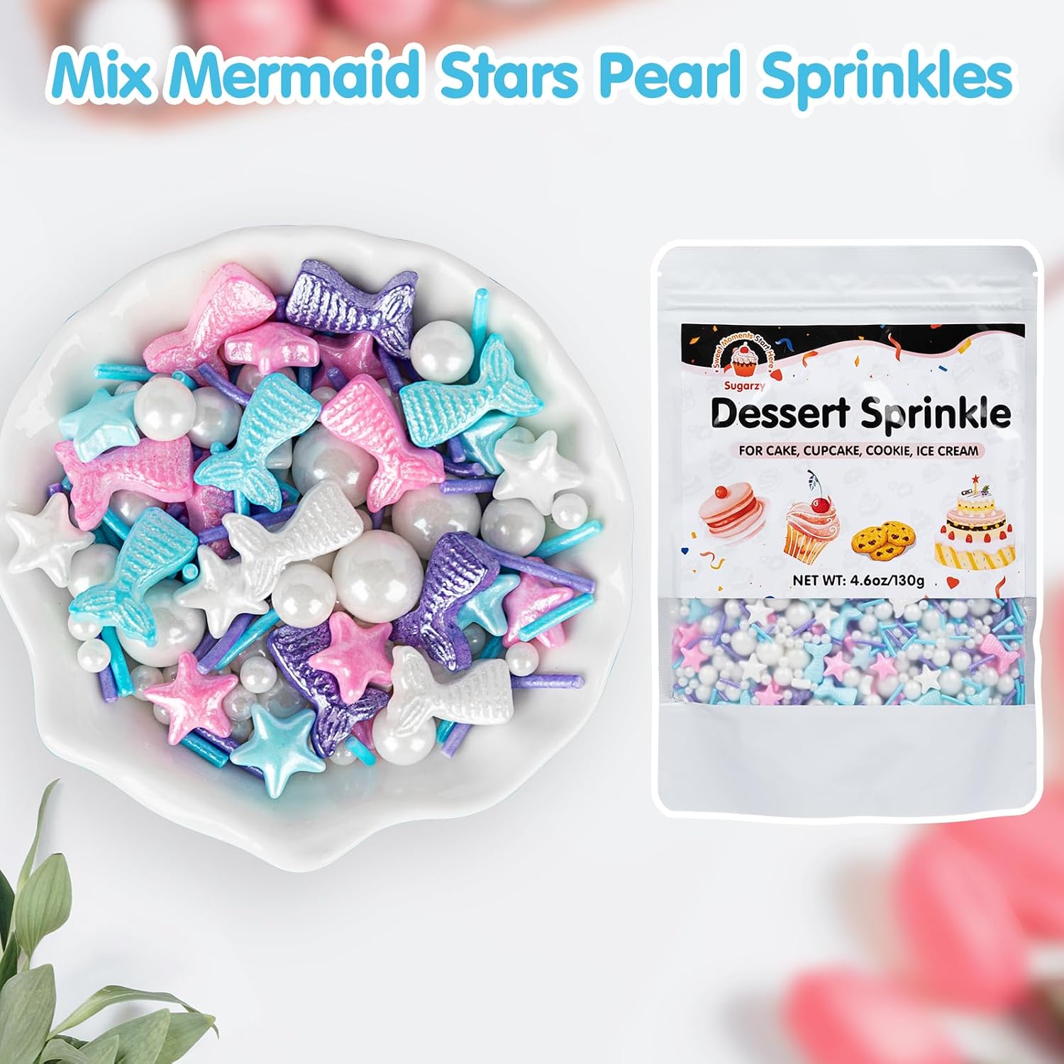 Detalle de Meerjungfrau-Streusel: essbare Zuckerperlen-Sterne & Jimmies-Mischung, 130 g – Ocean-Dekoration für Kuchen