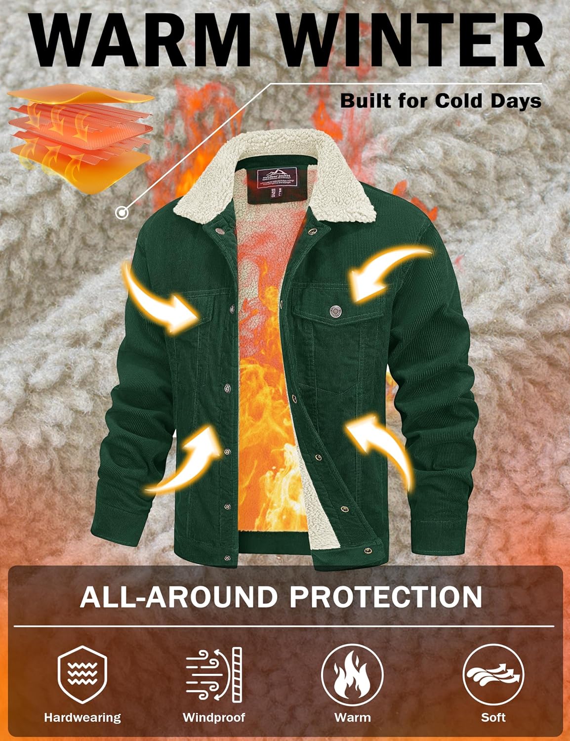 Detalle de MAGCOMSEN Men's Corduroy Sherpa Jacket, Cotton Coat with 5 Pockets