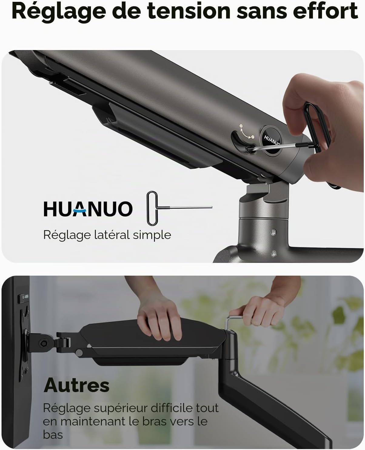 Thumbnail 6 de Support de bras d’écran HUANUO pour moniteurs ultra-larges jusqu’à 49 pouces (VESA 75/100, aluminium, 18 kg)