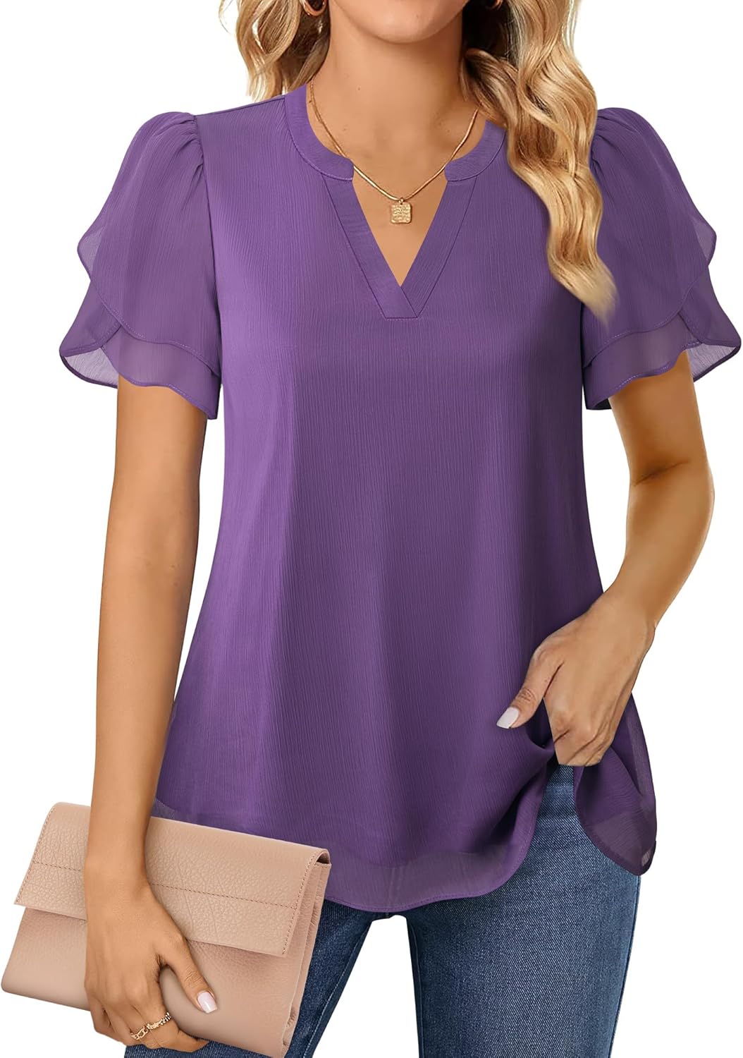 Thumbnail 2 de Lotusmile Women's Dressy Chiffon Blouses: Puff Sleeve V-Neck Top for Summer & Work
