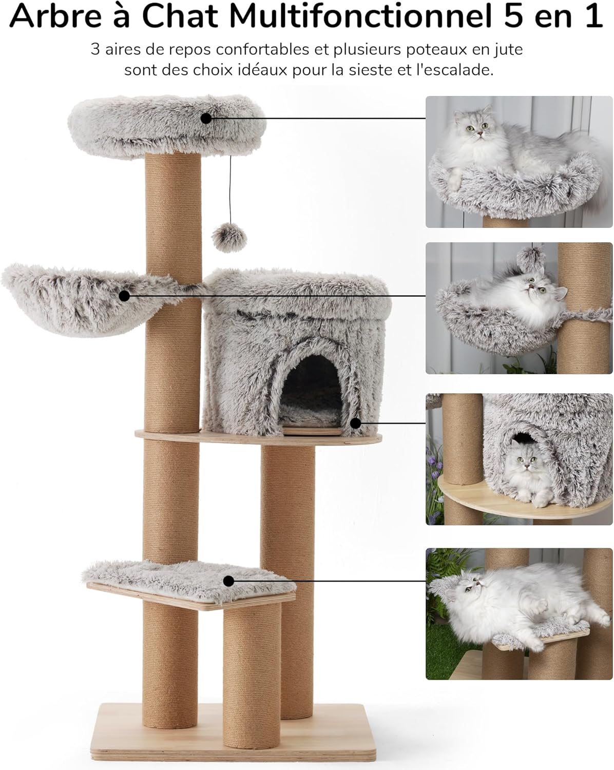 Thumbnail 5 de FUKUMARU Arbre à Chat 155 cm : tour d’intérieur multi-niveaux avec 6 griffoirs et hamac