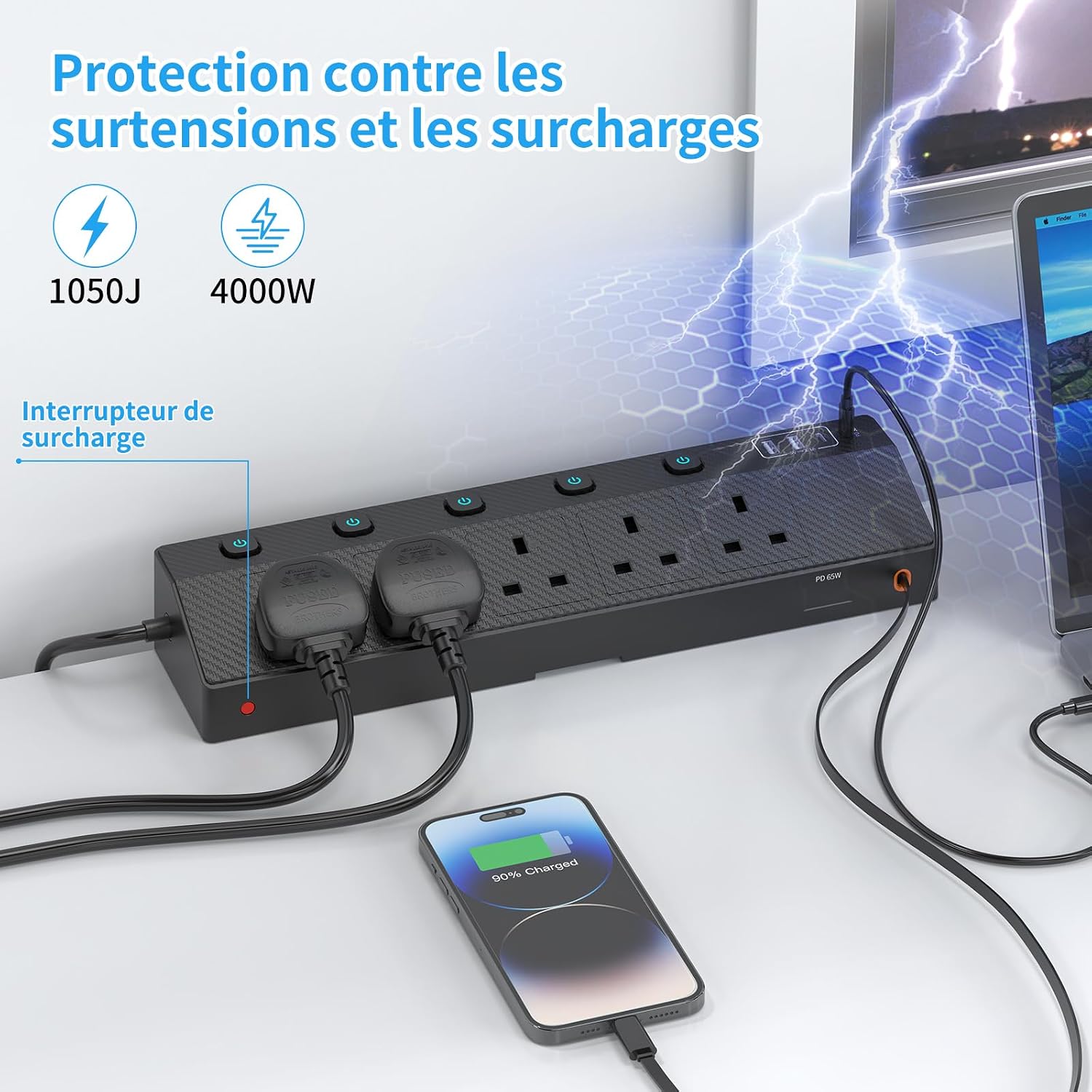 Detalle de Desk Extension Lead 1.8M with PD 65W USB‑C, 5 AC Sockets, 2 USB‑A and 3 USB‑C Ports, Retractable Cable & Desk Clamp
