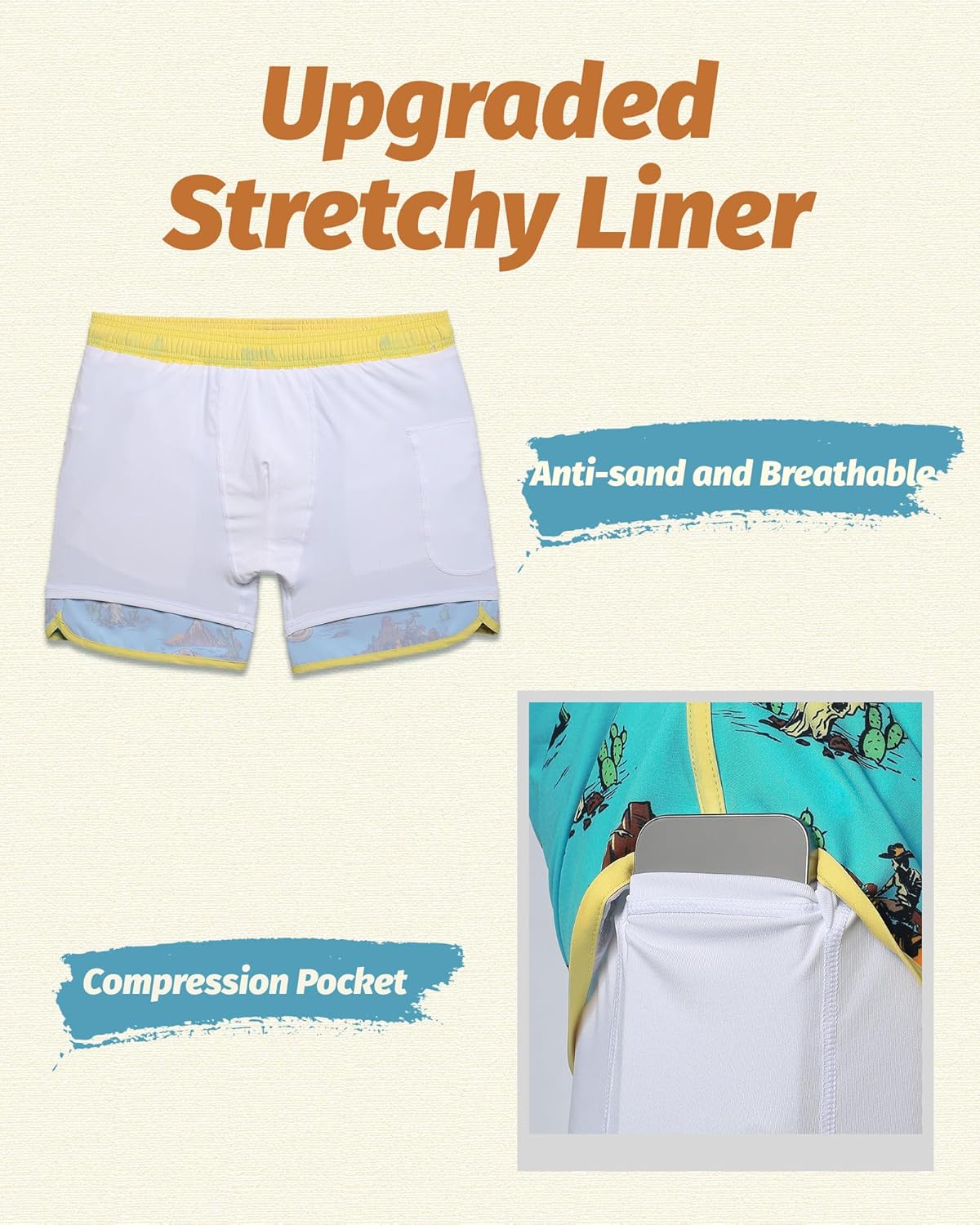 Thumbnail 1 de maamgic Mens Short 80s 90s Vintage 5.5" Swim Trunks: 2-in-1 Quick-Dry Beachwear