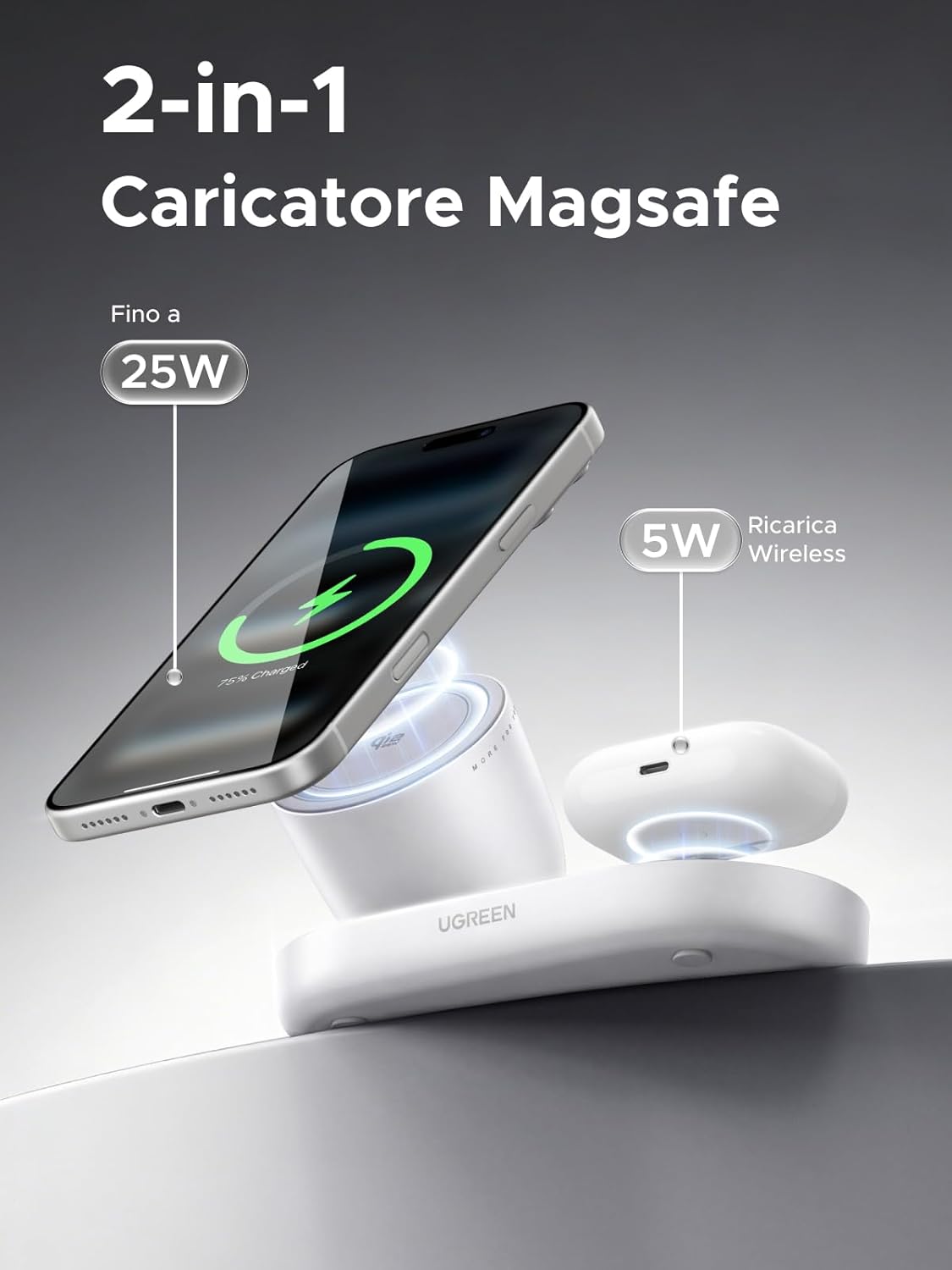 Detalle de UGREEN Zapix Caricatore Wireless iPhone Qi2 25W 2-in-1 con supporto magnetico (Qi2, bianco)