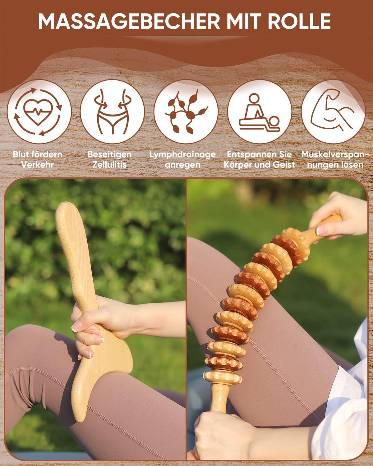 Detalle de 2-in-1 Holz Therapie Massage Tools Set 43 cm