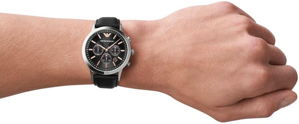 Detalle de Emporio Armani Orologio da uomo – Cronografo in acciaio con cinturino in pelle nera