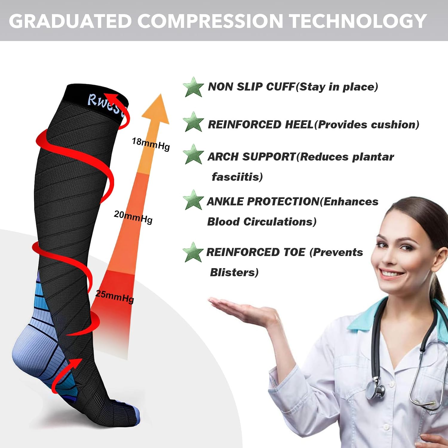 Detalle 2 de Rwest X Calze Compressione Graduata per Donna e Uomo (Sport, Corsa, Bici, Viaggi)